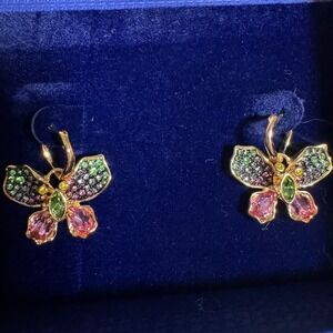 Swarovski Idyllia Butterfly Earrings Crystal Gold Tone Pink Green Blue